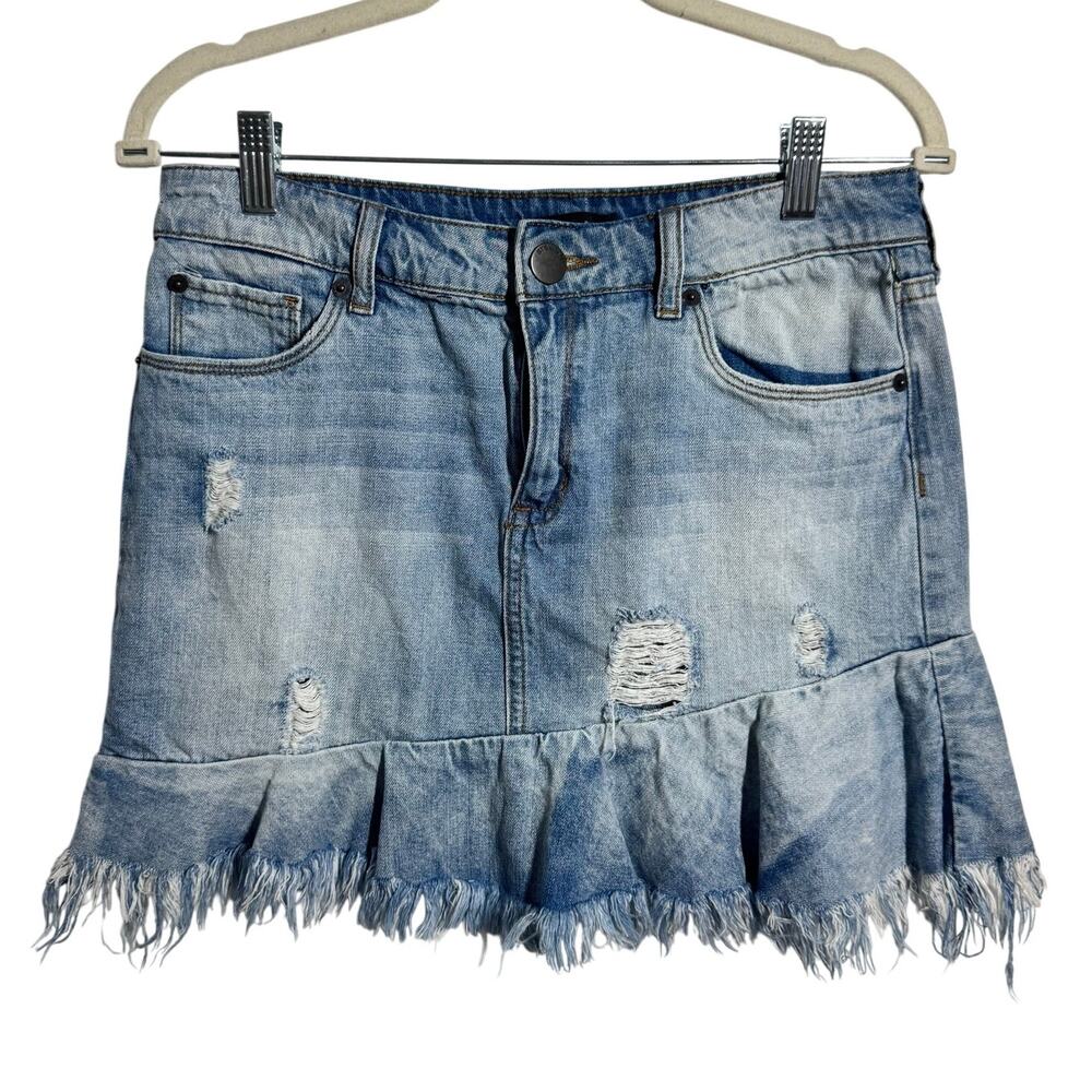STS Blue Y2K Flared Denim Mini Skirt Women 27 Light Wash Distressed Prep‎ Cotton